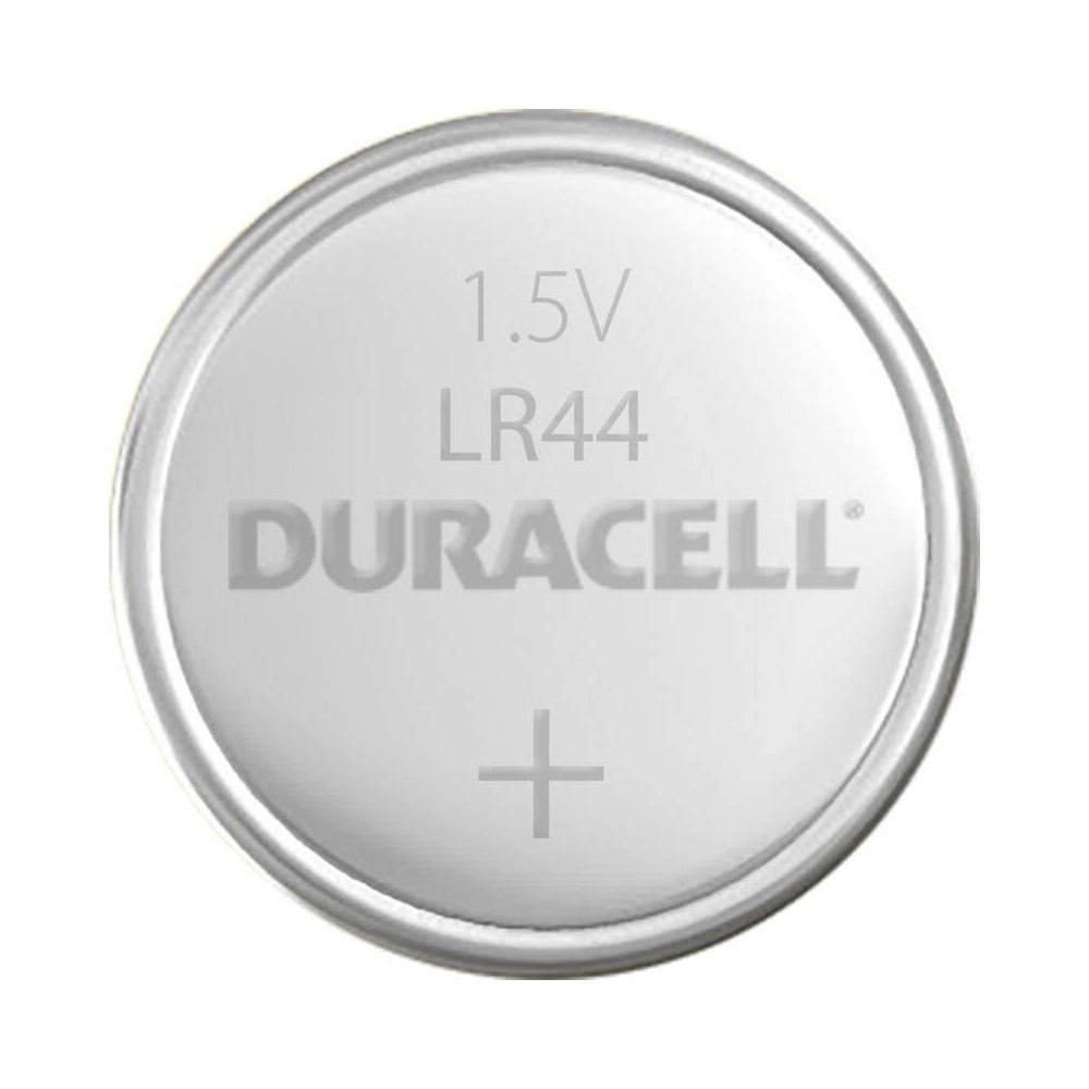 A Duracell LR44 1.5V button cell battery with a plus sign on a white background.