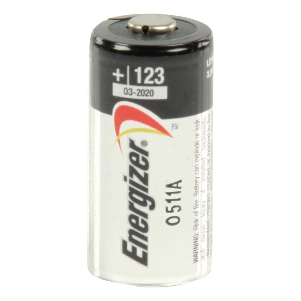 Energizer Lithium 123 Batterie mit Warnhinweisen.