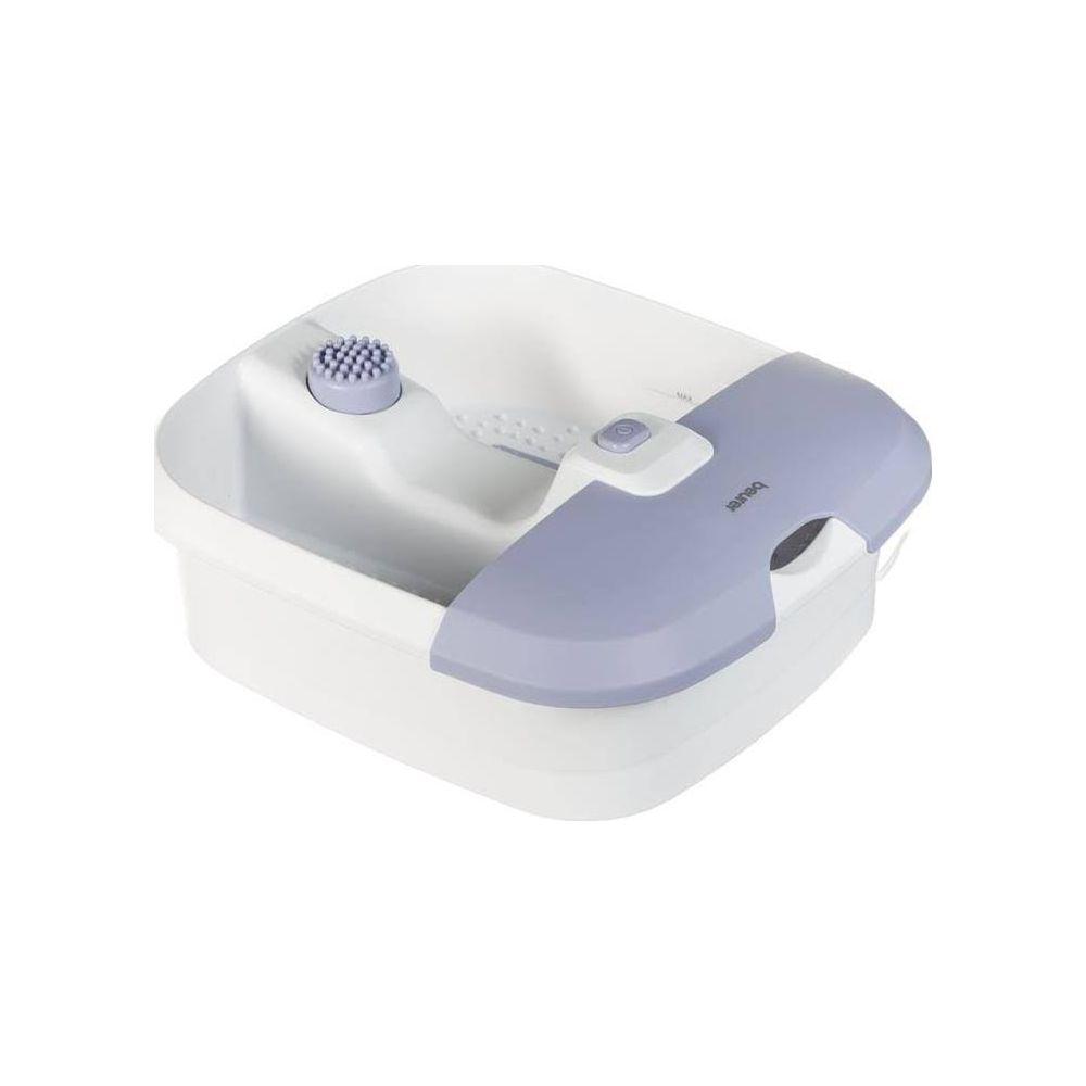Weißer Fußbadebehälter mit lila Akzenten und Massageaufsatz.