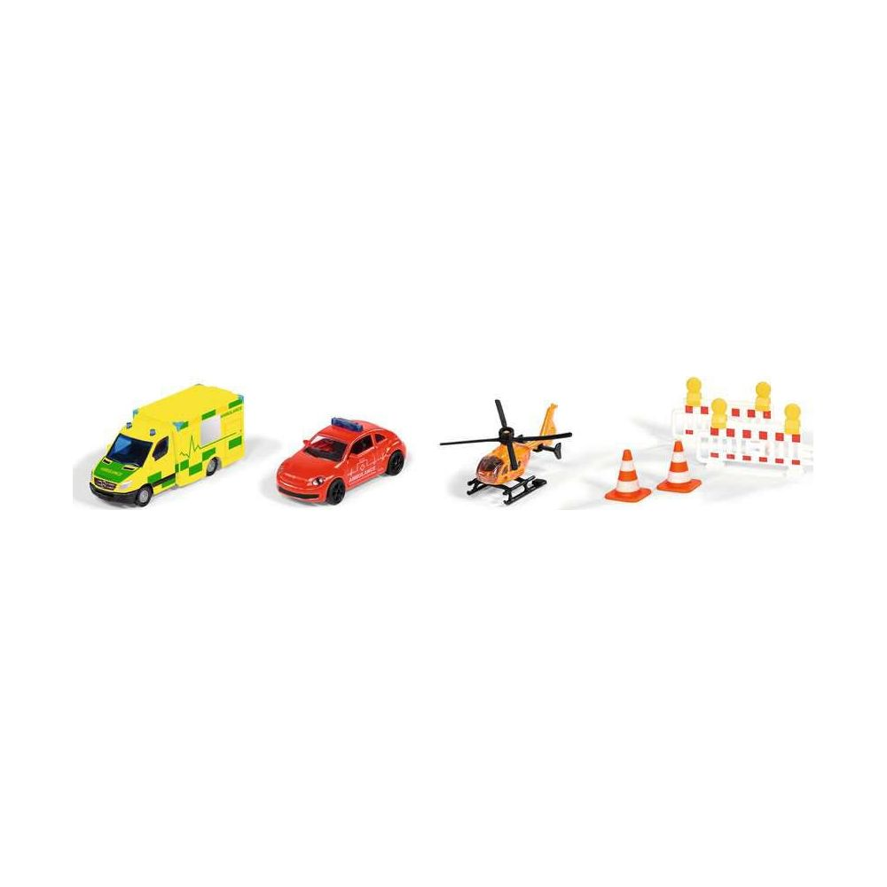 Véhicules d'urgence jouets: ambulance, voiture police, hélicoptère, cônes.
