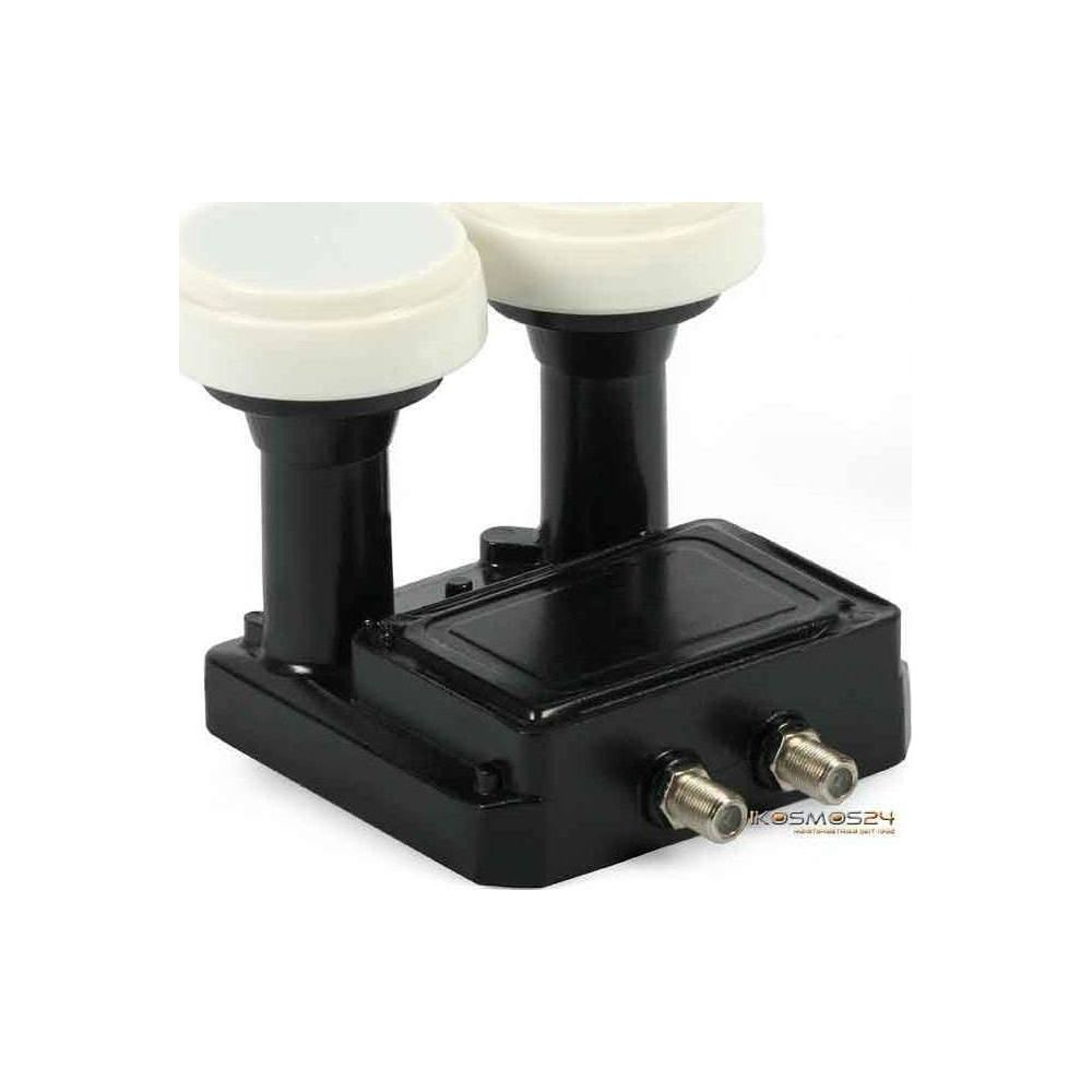 Ein schwarzer LNB mit zwei weißen Empfängern und Anschlüssen.