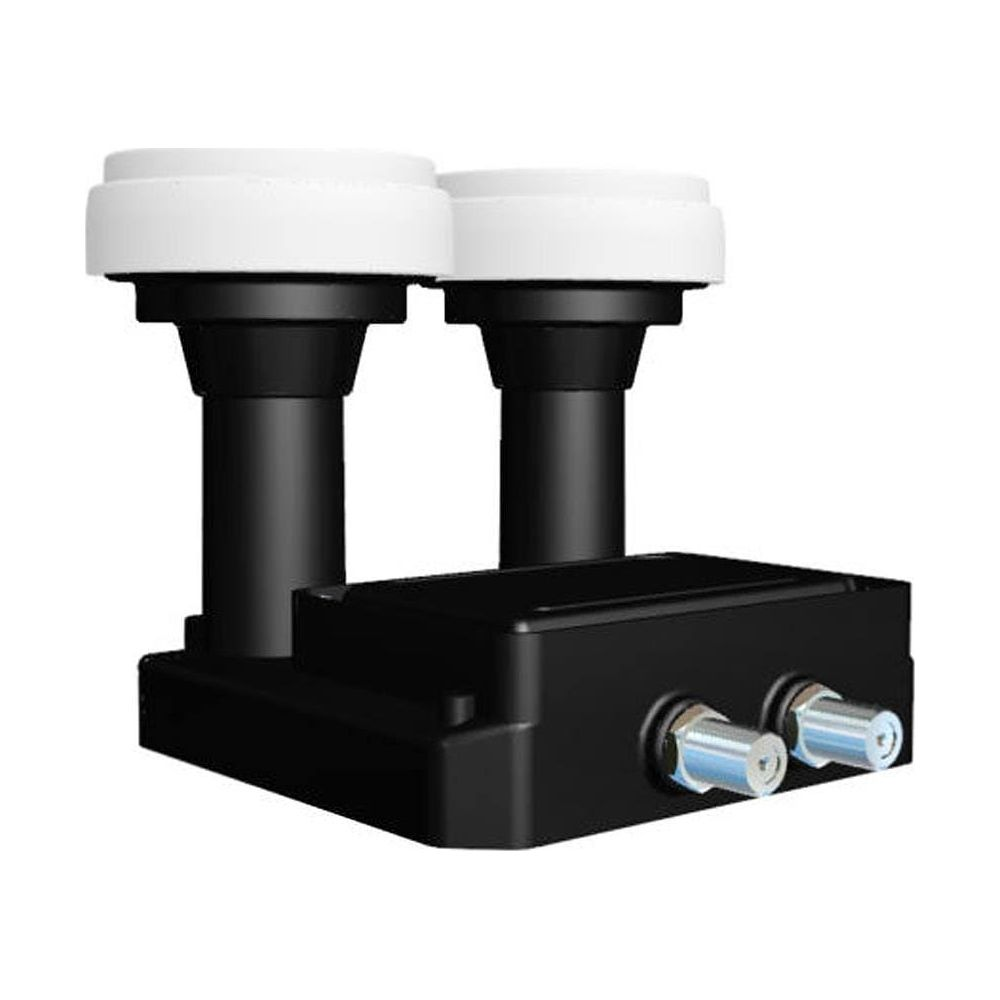 Ein LNB mit zwei Ausgängen, schwarz mit weißen Kappen, auf weißem Hintergrund.