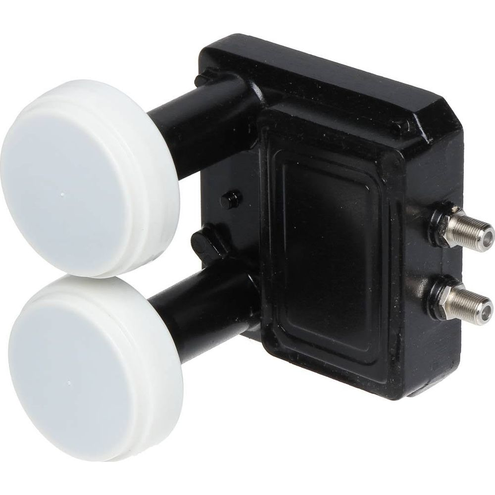 Ein schwarzer LNB mit zwei weißen Kappen und zwei Koaxialanschlüssen.