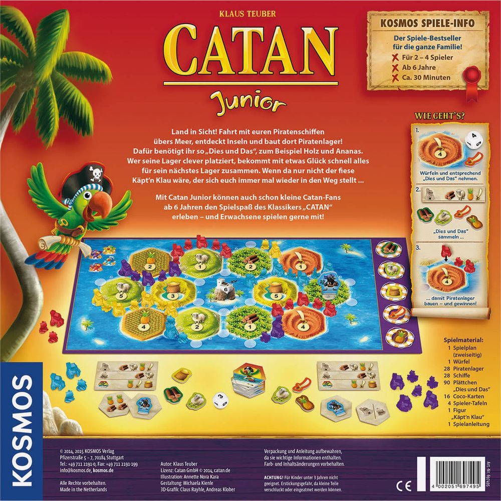 Brettspiel CATAN Junior: Piraten auf Schatzsuche mit Palmen und Papagei.