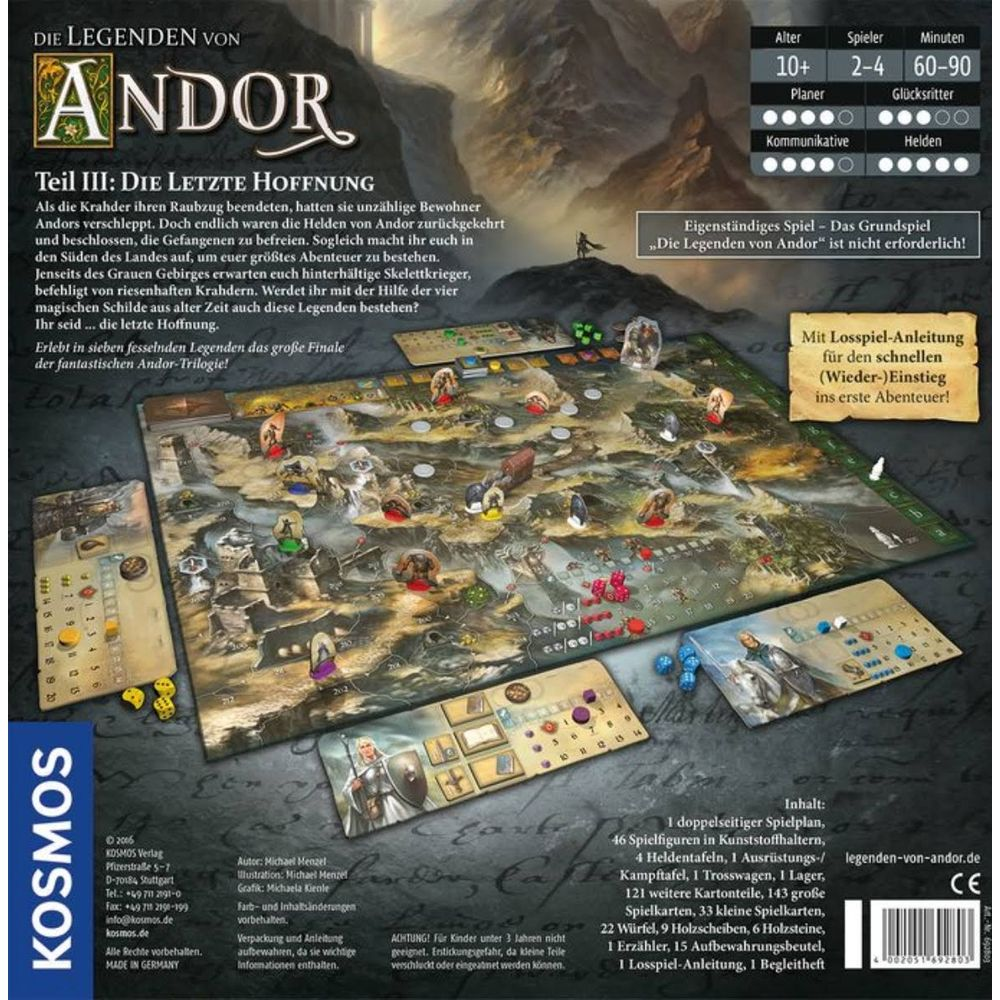 Spielbrett "Die Legenden von Andor" mit Figuren, Würfeln und Anleitung.