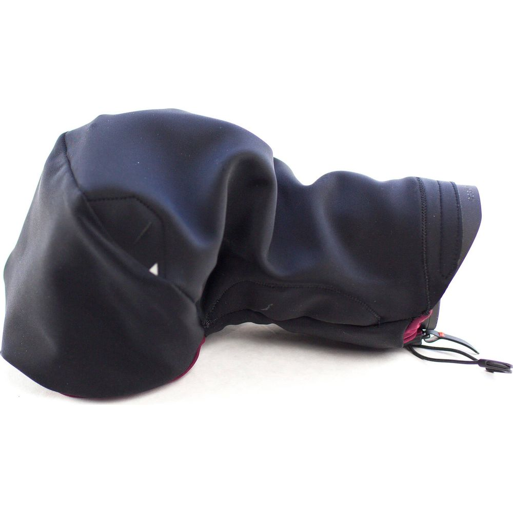 Black neoprene camera cover with a drawstring on a white background.