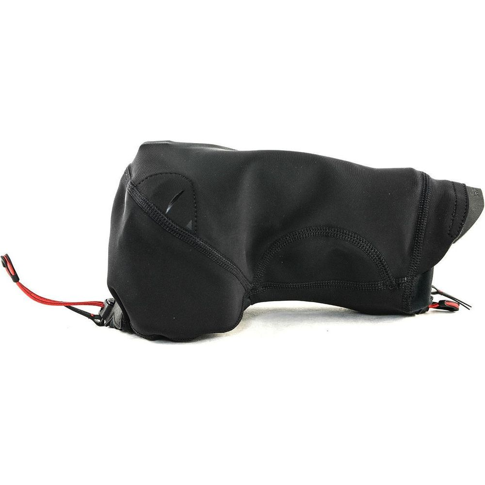 Black neoprene camera cover with red drawstrings.