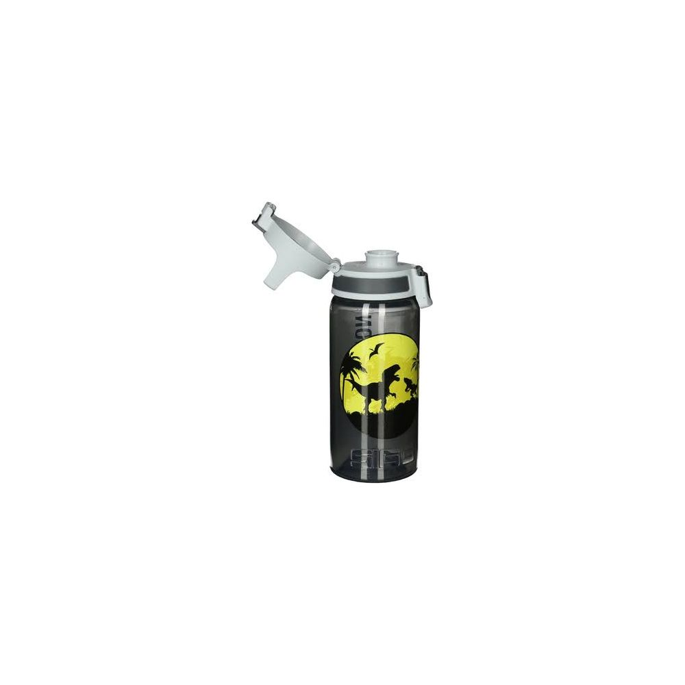 Schwarze Wasserflasche mit Dino-Motiv und aufklappbarem Deckel.