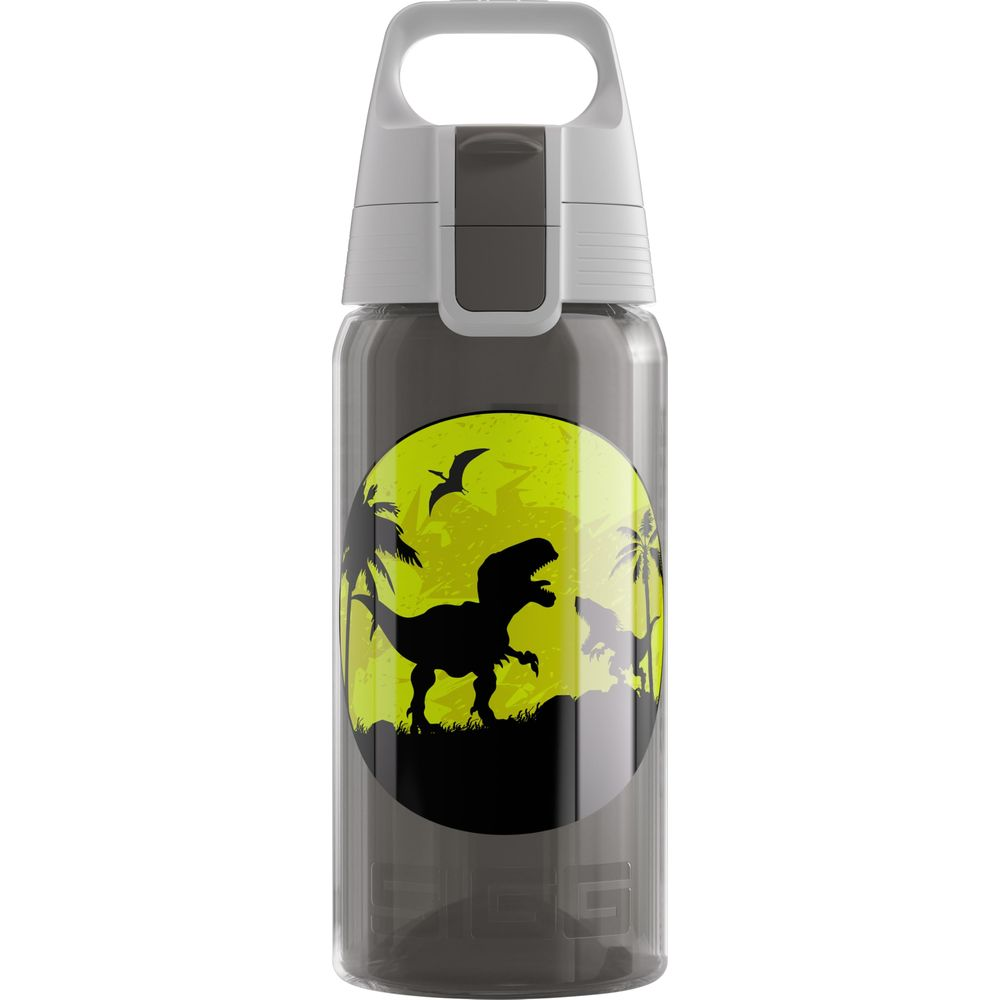 Graue Trinkflasche mit T-Rex-Dinosaurier-Aufdruck auf gelbem Hintergrund.