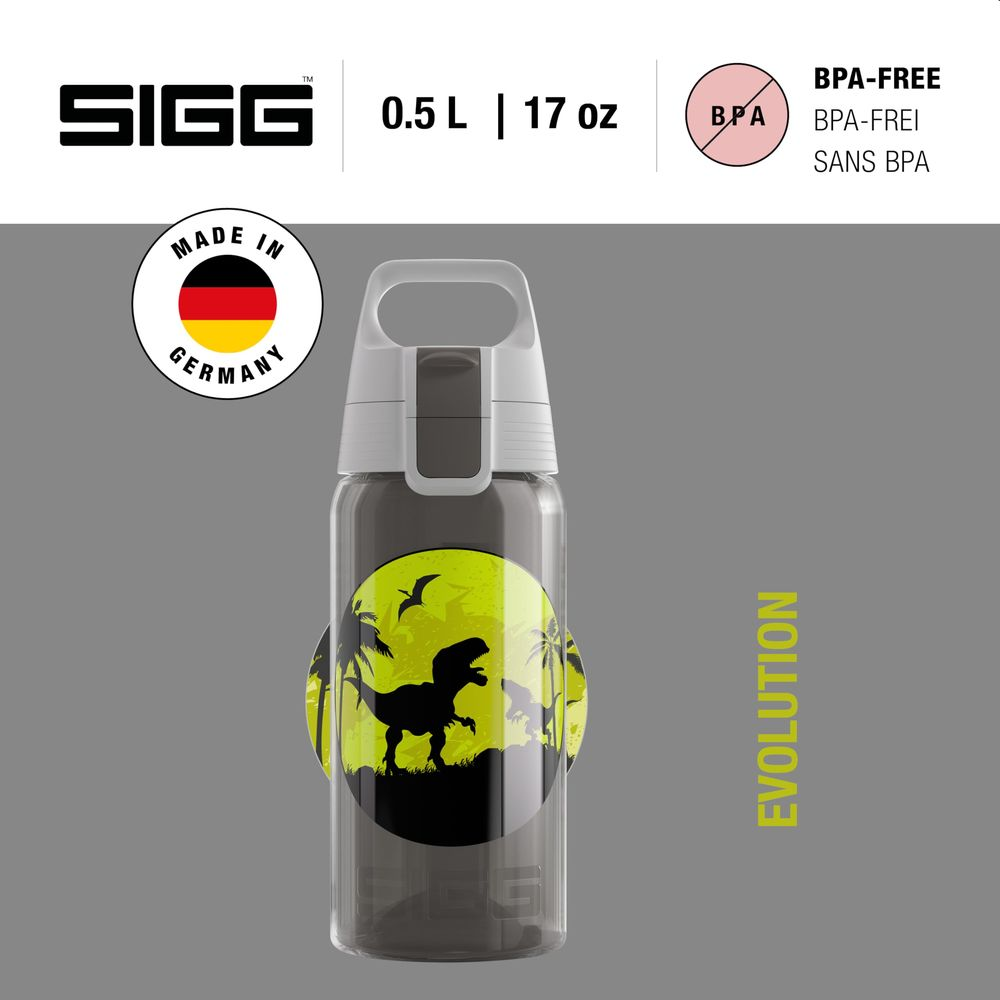 Eine SIGG-Flasche mit Dinosaurier-Motiv, BPA-frei, 0,5 L.