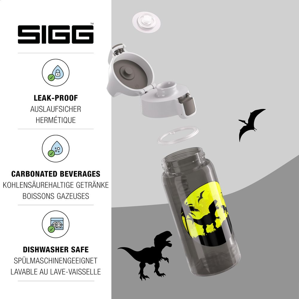 Graue SIGG-Flasche mit Dino-Aufdruck, offen mit Deckel und Dichtungsring.