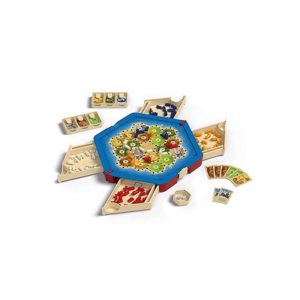 Brettspiel mit blauer Spielfläche, Ressourcen und Spielkarten.