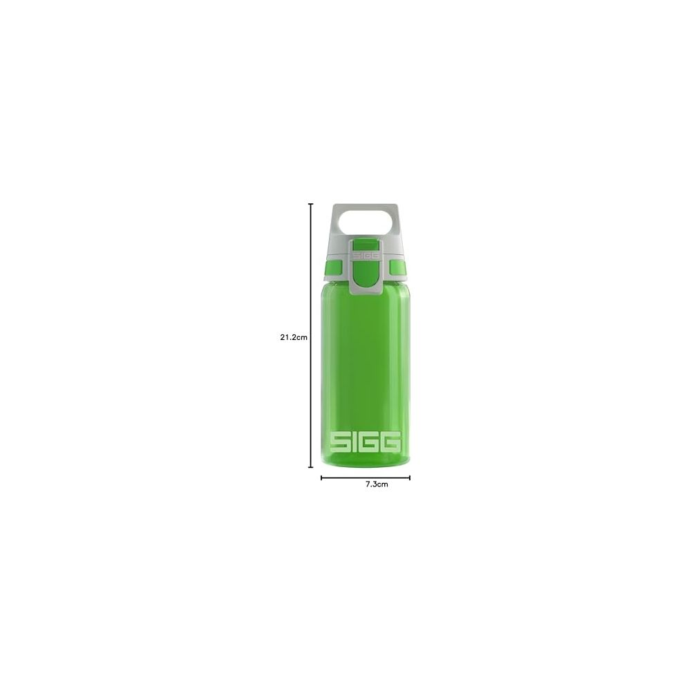 Grüne SIGG-Flasche mit weißem Logo und Griff, 21,2 cm hoch.