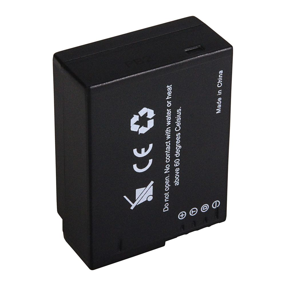 Schwarze Batterie mit Sicherheitssymbolen und Text: 'Made in China'.