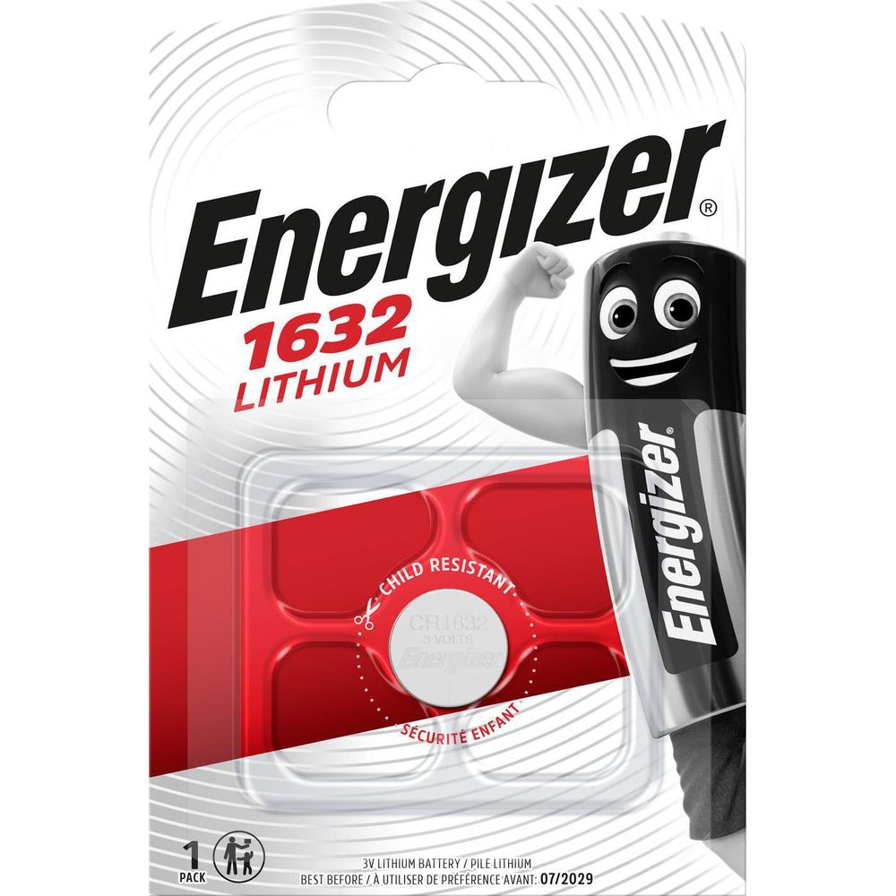 Energizer 1632 Lithium Batterie-Verpackung mit Comic-Batterie-Figur.