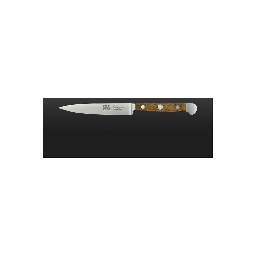 Ein kleines Kochmesser mit Holzgriff und silbernem Griffende.