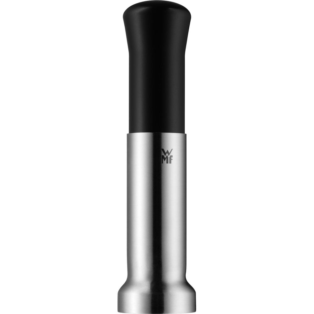 Edelstahl-Mörser mit schwarzem Griff und Logo.