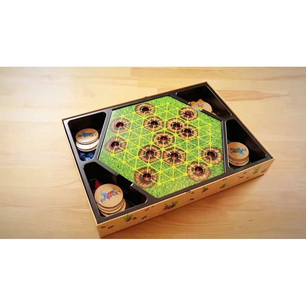 Gioco da tavolo con campo da gioco verde, buchi e gettoni di legno in scatola.