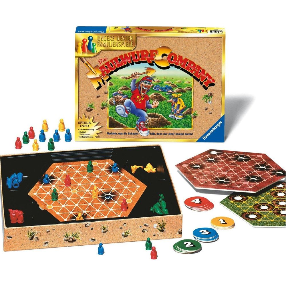 Gioco da tavolo "Die Maulwurf Company" con pedine, tabellone e carte.