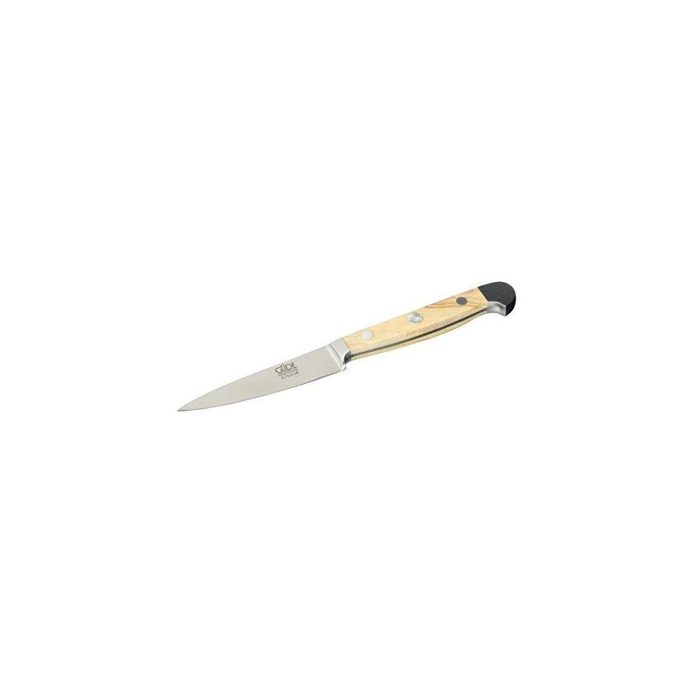 Ein kleines Messer mit einem Holzgriff und einer polierten Stahlklinge liegt auf weißem Hintergrund.