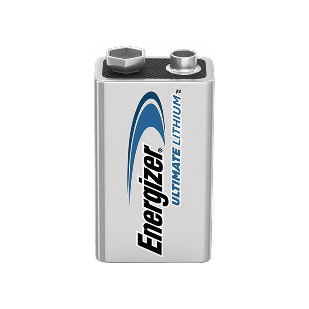 Srebrna bateria litowa Energizer 9V z terminalami na górze.