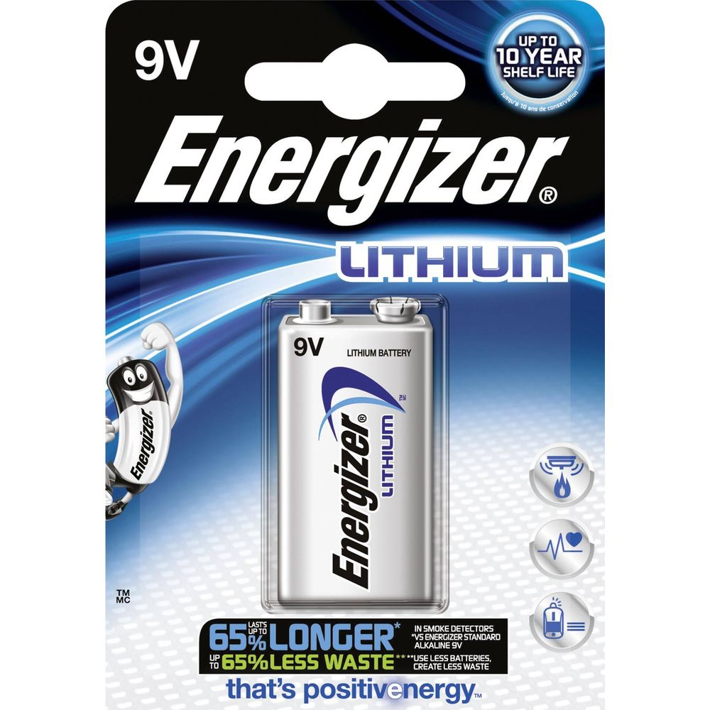 Bateria litowa Energizer 9V z 10-letnim okresem przydatności. Pokazuje baterię i opakowanie.