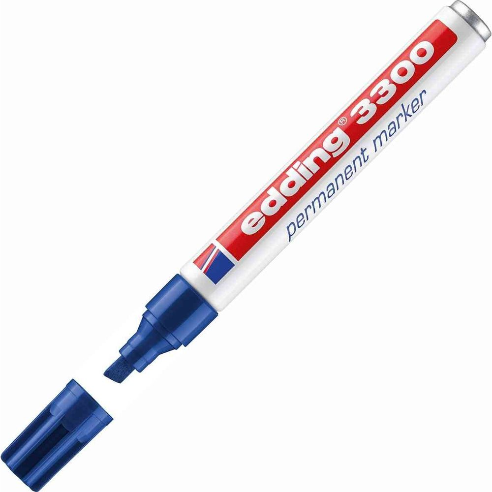 Ein blauer Edding Permanentmarker mit weißem Gehäuse und rotem Streifen.