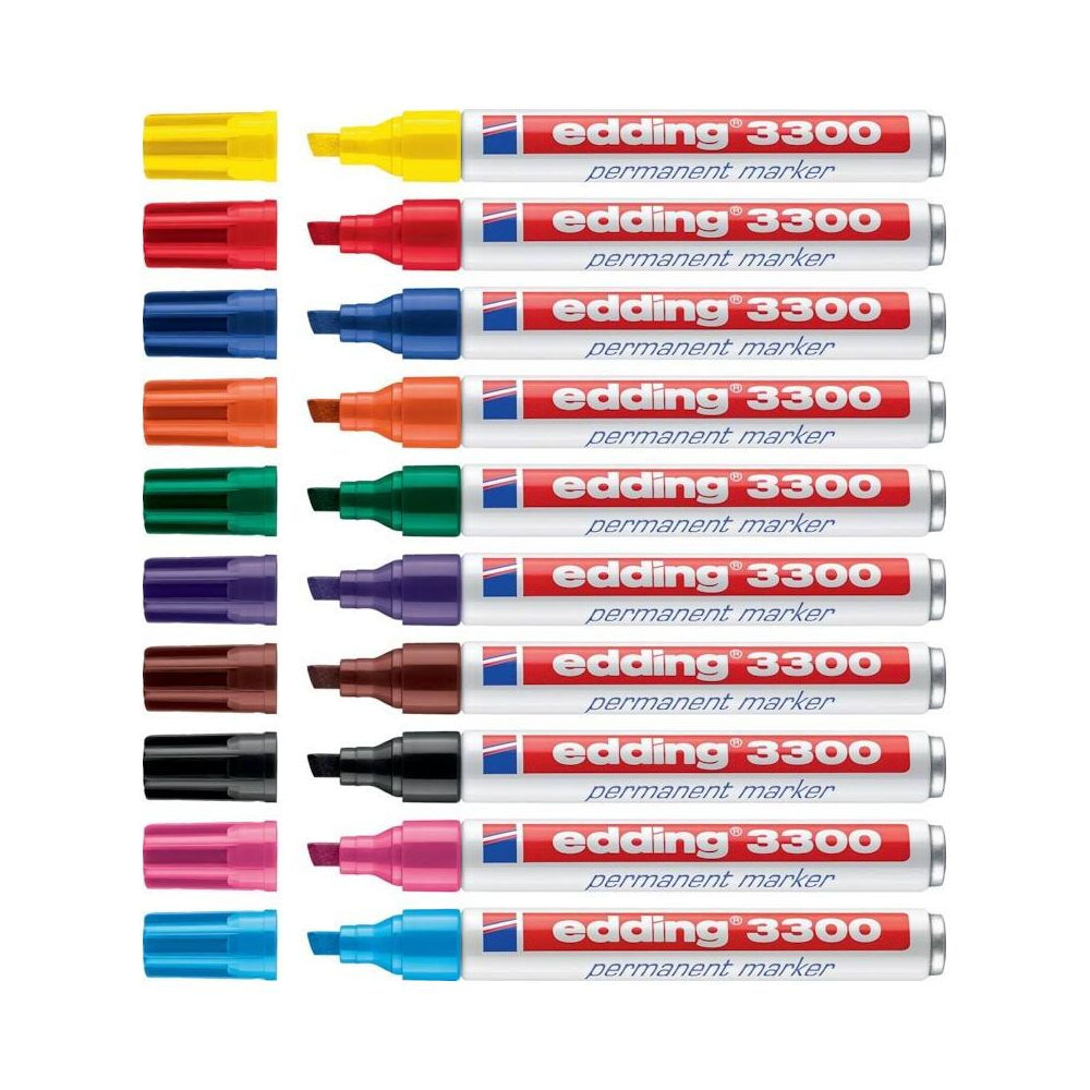 Zehn Edding 3300 Permanentmarker in verschiedenen Farben, nebeneinander aufgereiht.