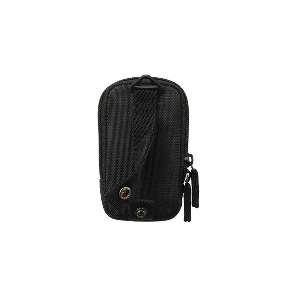 Schwarze Tasche mit Reißverschluss und Schnallen.