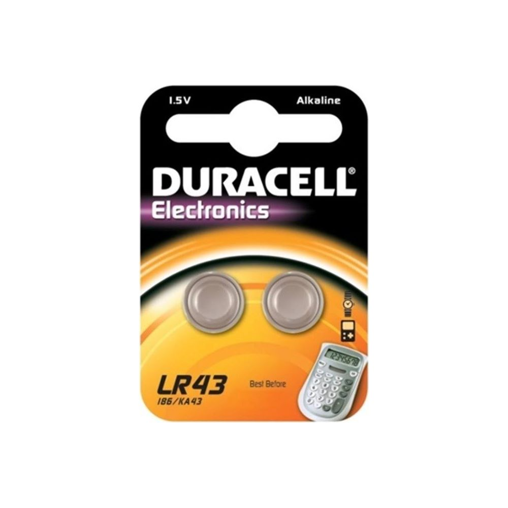 Baterie Duracell LR43 w opakowaniu z małym kalkulatorem.