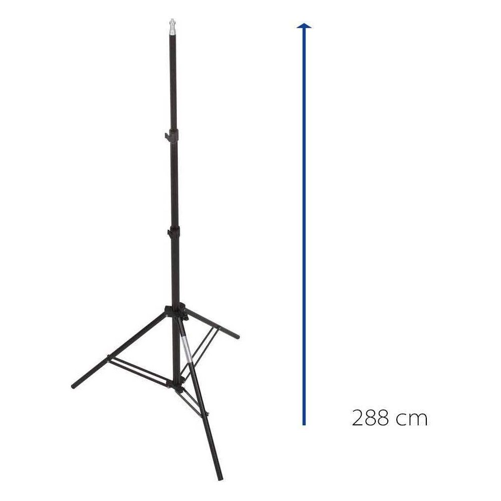Ein schwarzer Lichtstativ mit ausklappbarem Dreibein. Höhe 288 cm.