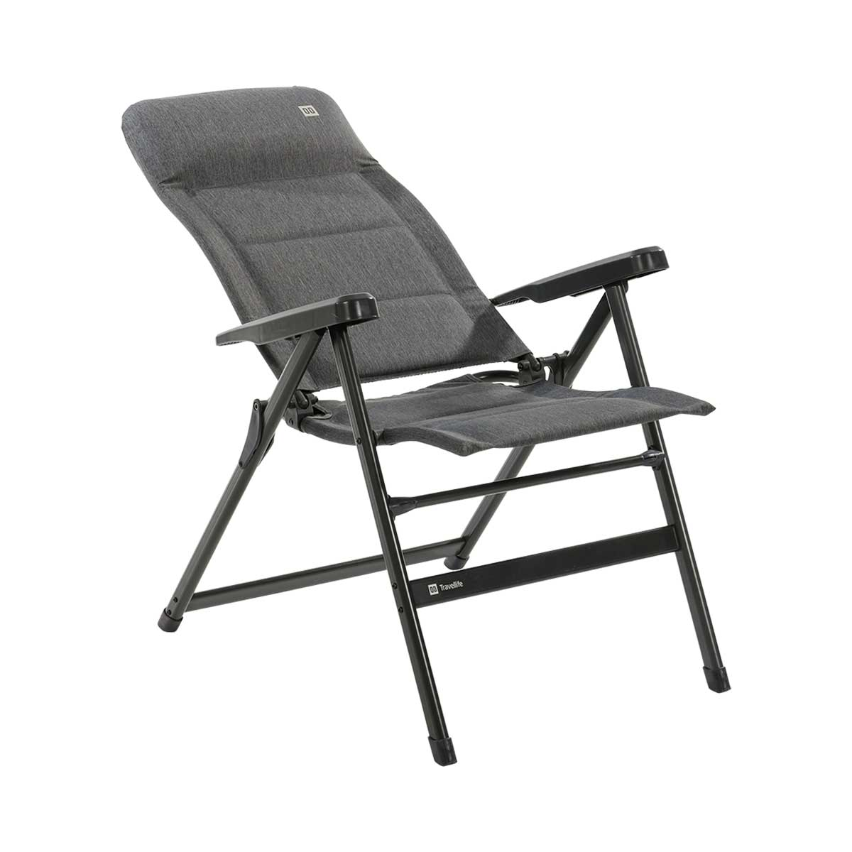 Grijze, verstelbare loungestoel met zwart metalen frame, geïsoleerd op wit.