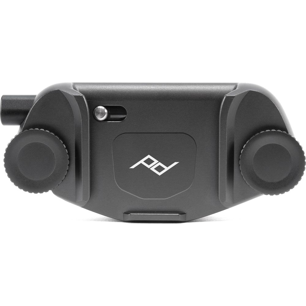 Czarny uchwyt szybkiego montażu do aparatu z dwoma pokrętłami i logo PD.
