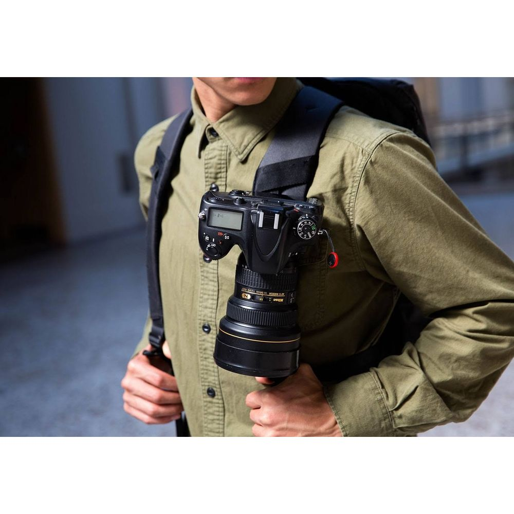 Osoba w oliwkowej koszuli nosi aparat z obiektywem na pasku plecaka.