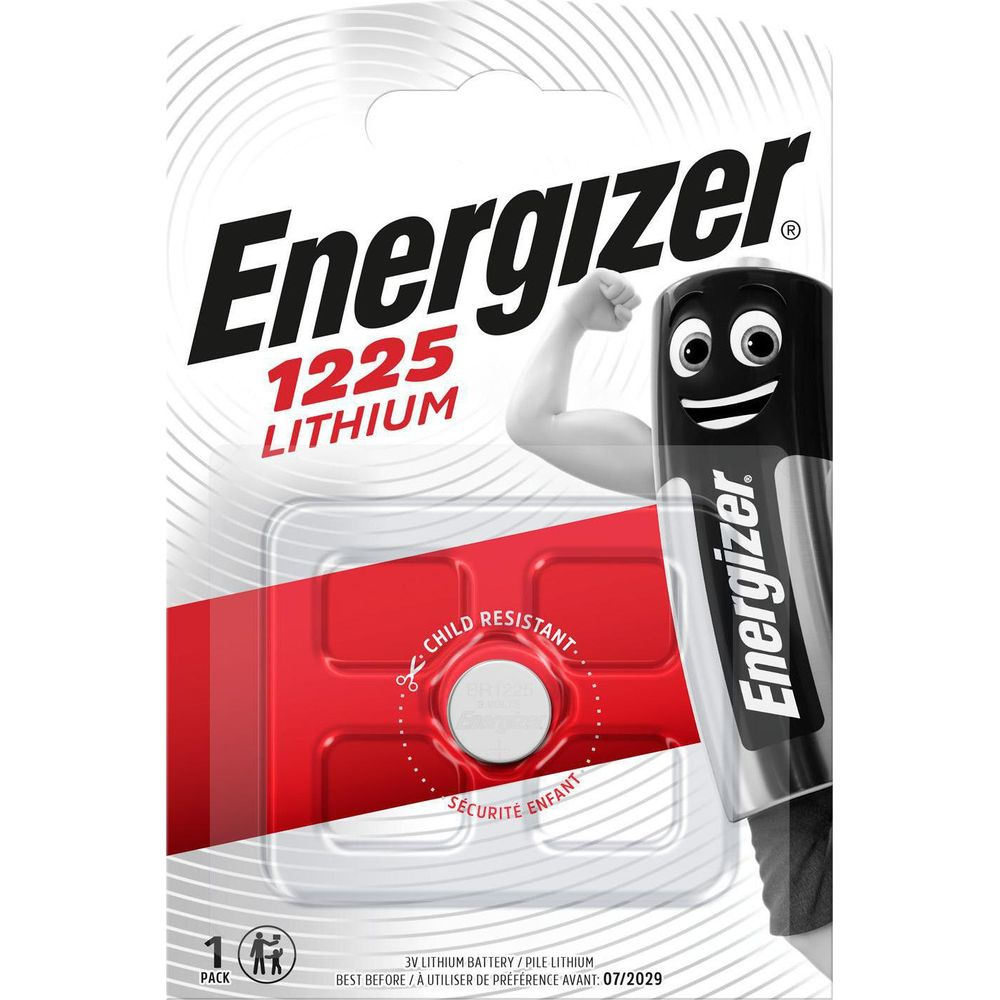 Energizer 1225 Lithium Batterie-Verpackung mit Comic-Figur und Warnhinweisen.