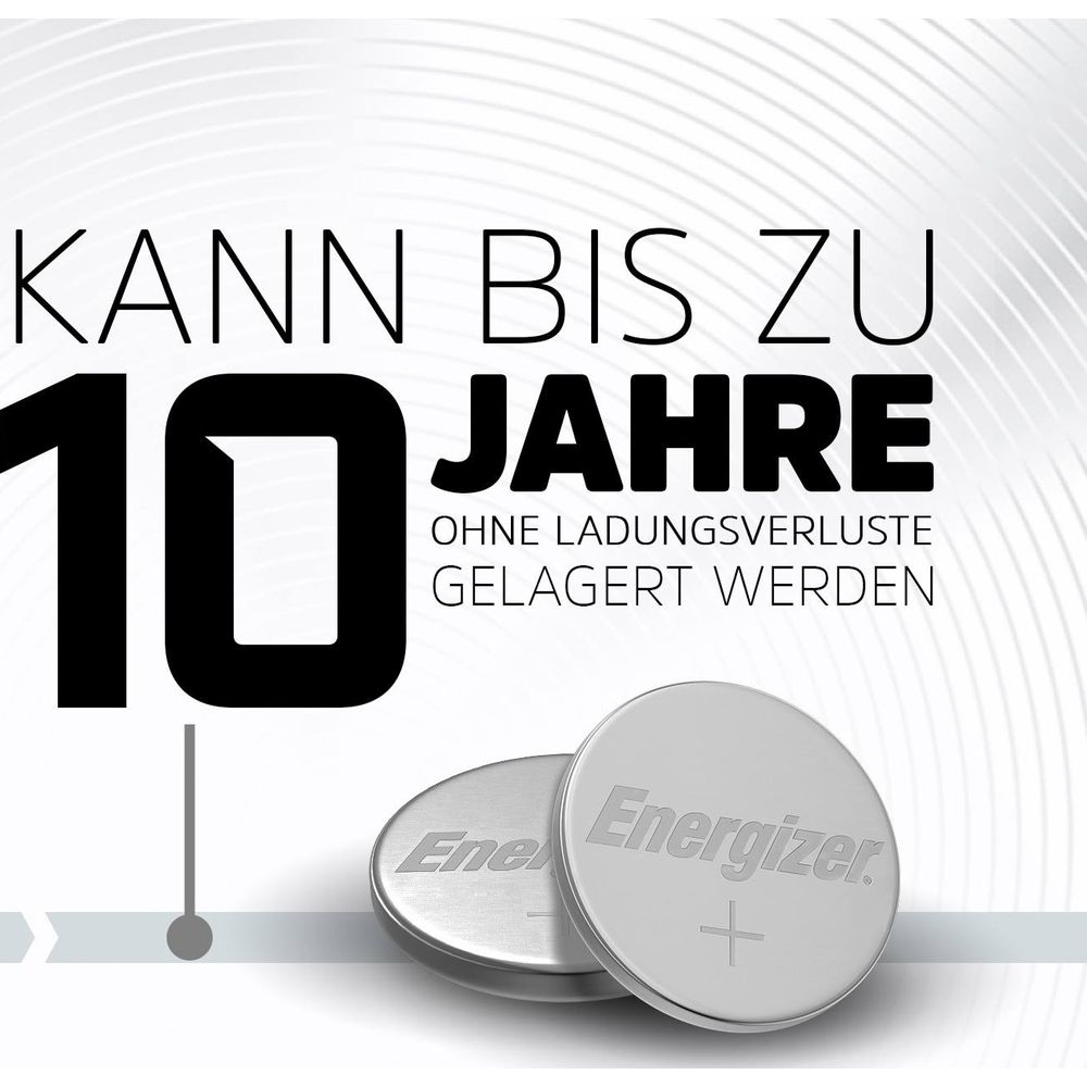 Dwie baterie pastylkowe Energizer z napisem "10 lat".