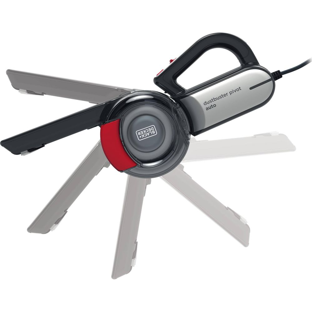 Aspirateur Black+Decker noir avec buse pivotante et accent rouge.