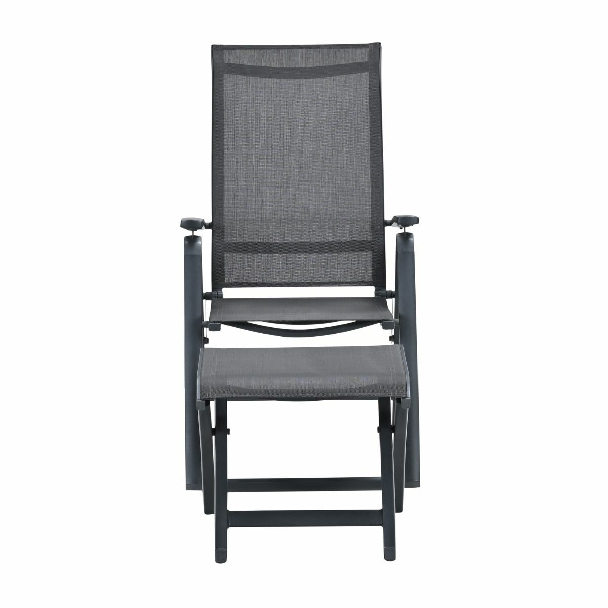 A gray fabric chair with a footrest on a white background.