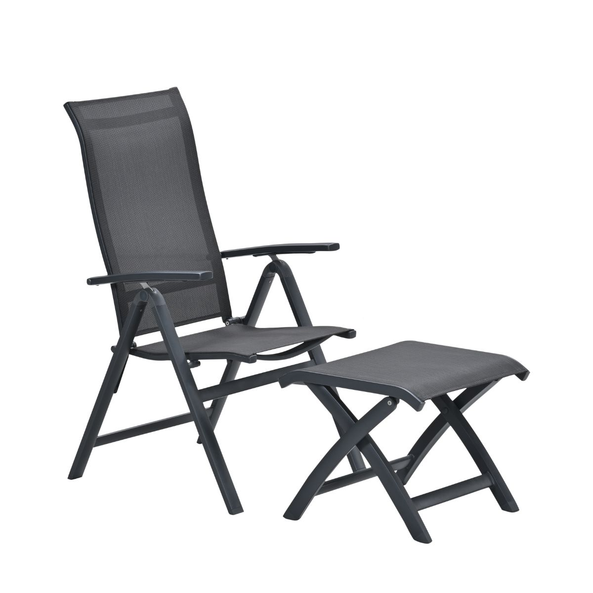A gray folding chair with an ottoman, isolated on a white background.