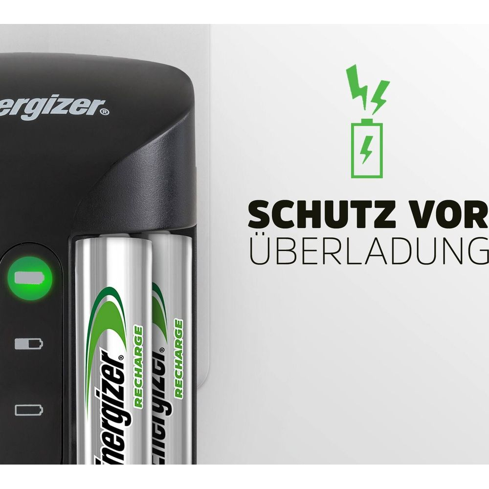 Caricatore Energizer con due batterie, simbolo protezione sovraccarico.