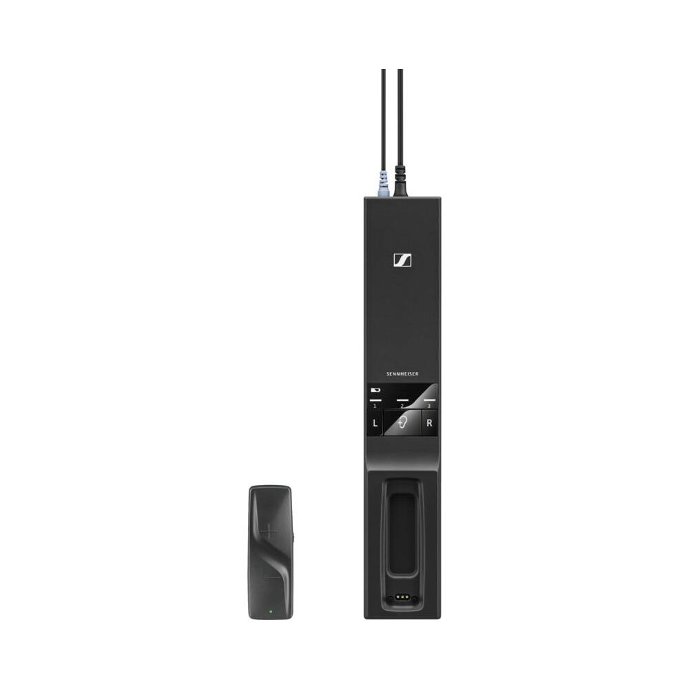 Zwei schwarze Sennheiser-Geräte, eines aufrechtstehend mit Kabeln, das andere daneben.