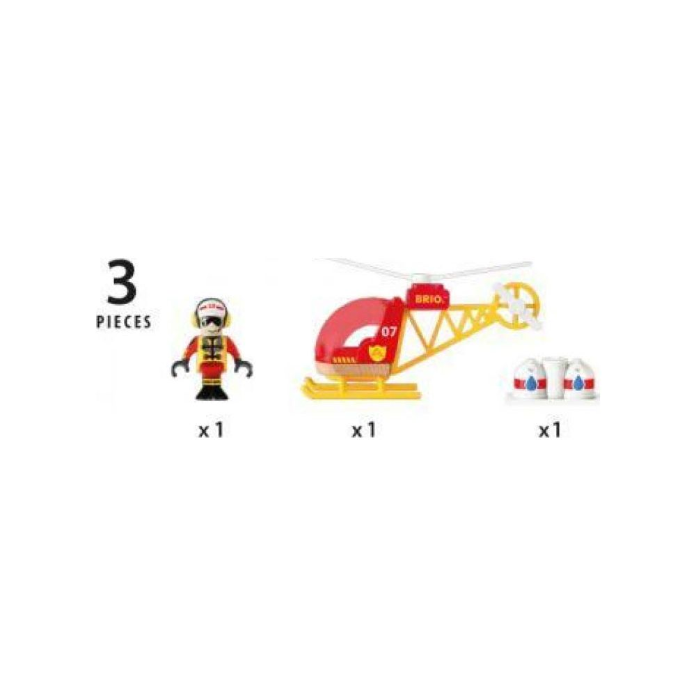 Strażak, czerwono-żółty helikopter i dwa kaski.