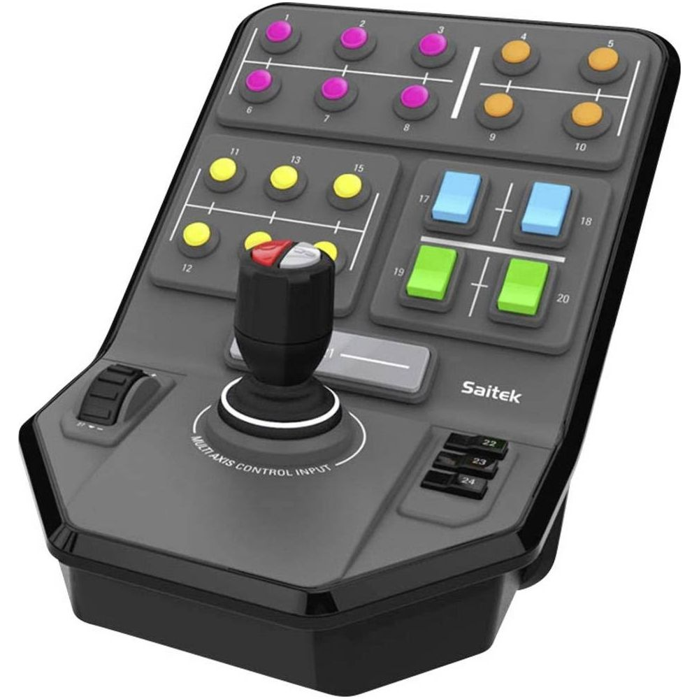 Ein Saitek Joystick mit vielen Tasten und Schaltern in Grau und Schwarz.