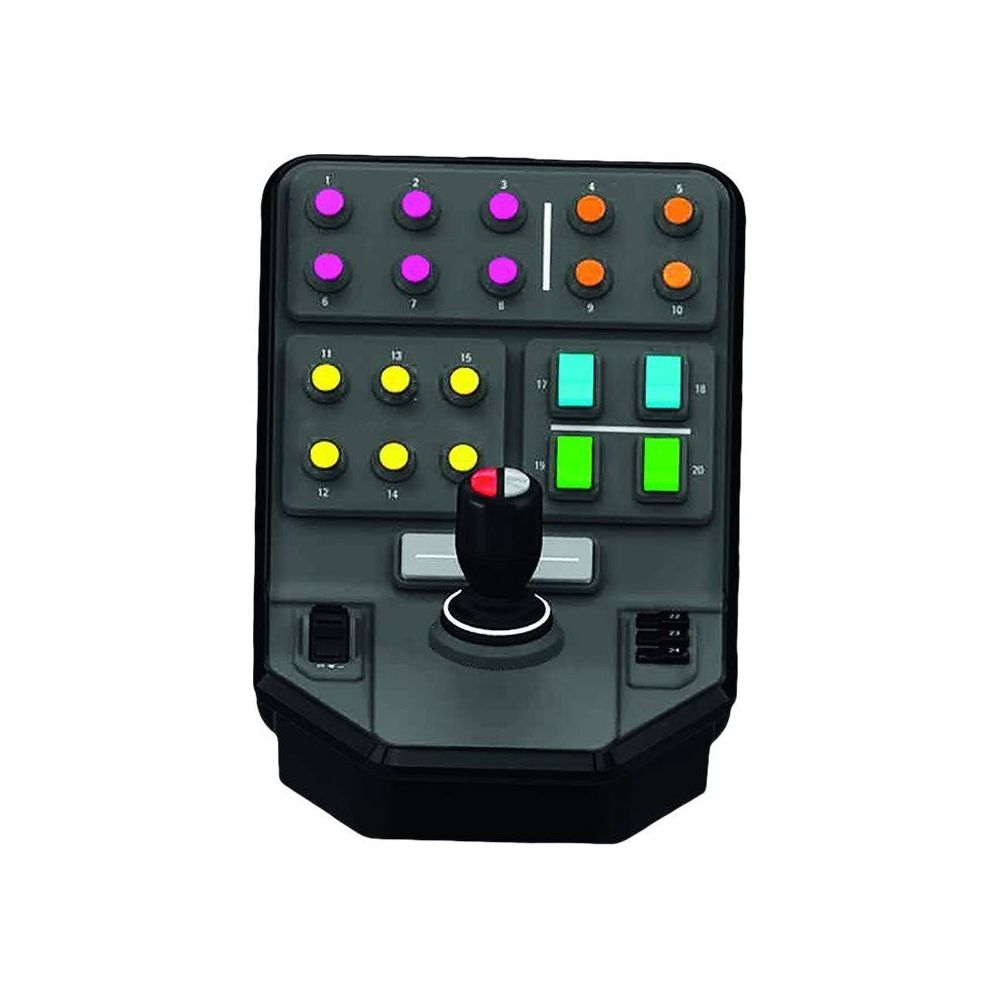 Ein schwarzer Joystick mit vielen bunten Knöpfen und Schaltern.