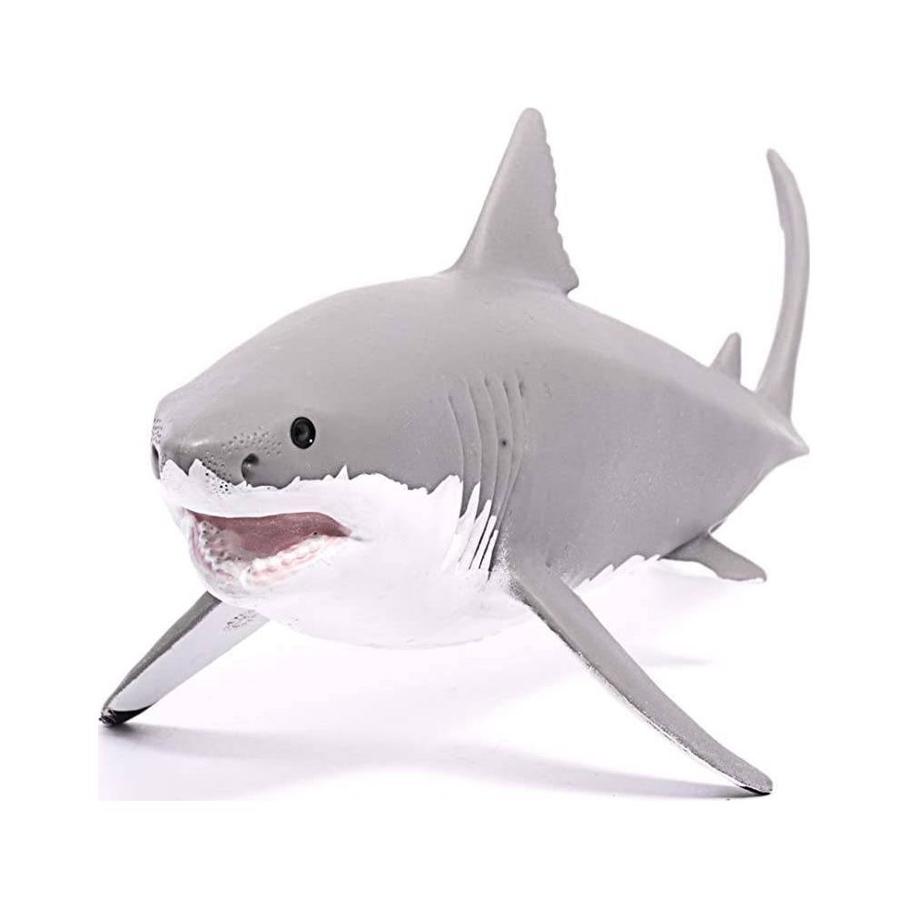 Szary rekin-zabawka z otwartym pyskiem na białym tle.