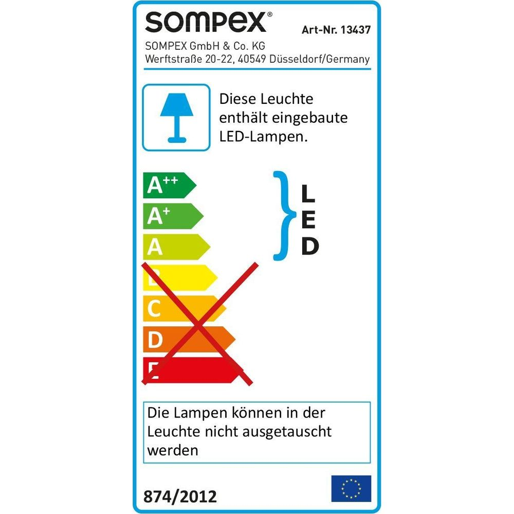 Etichetta energetica con logo Sompex, lampada a LED, efficienza A++ a E.