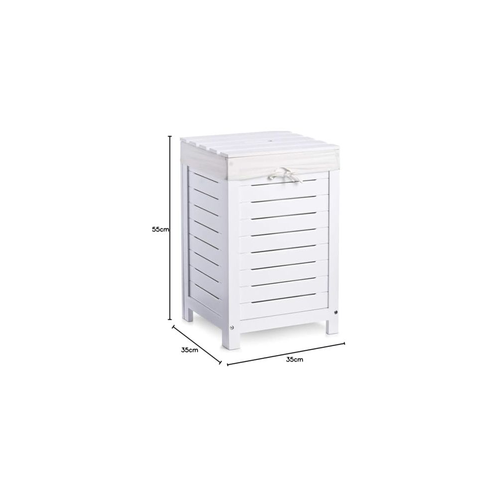 Un cesto portabiancheria bianco in legno con design a doghe e coperchio in tessuto.