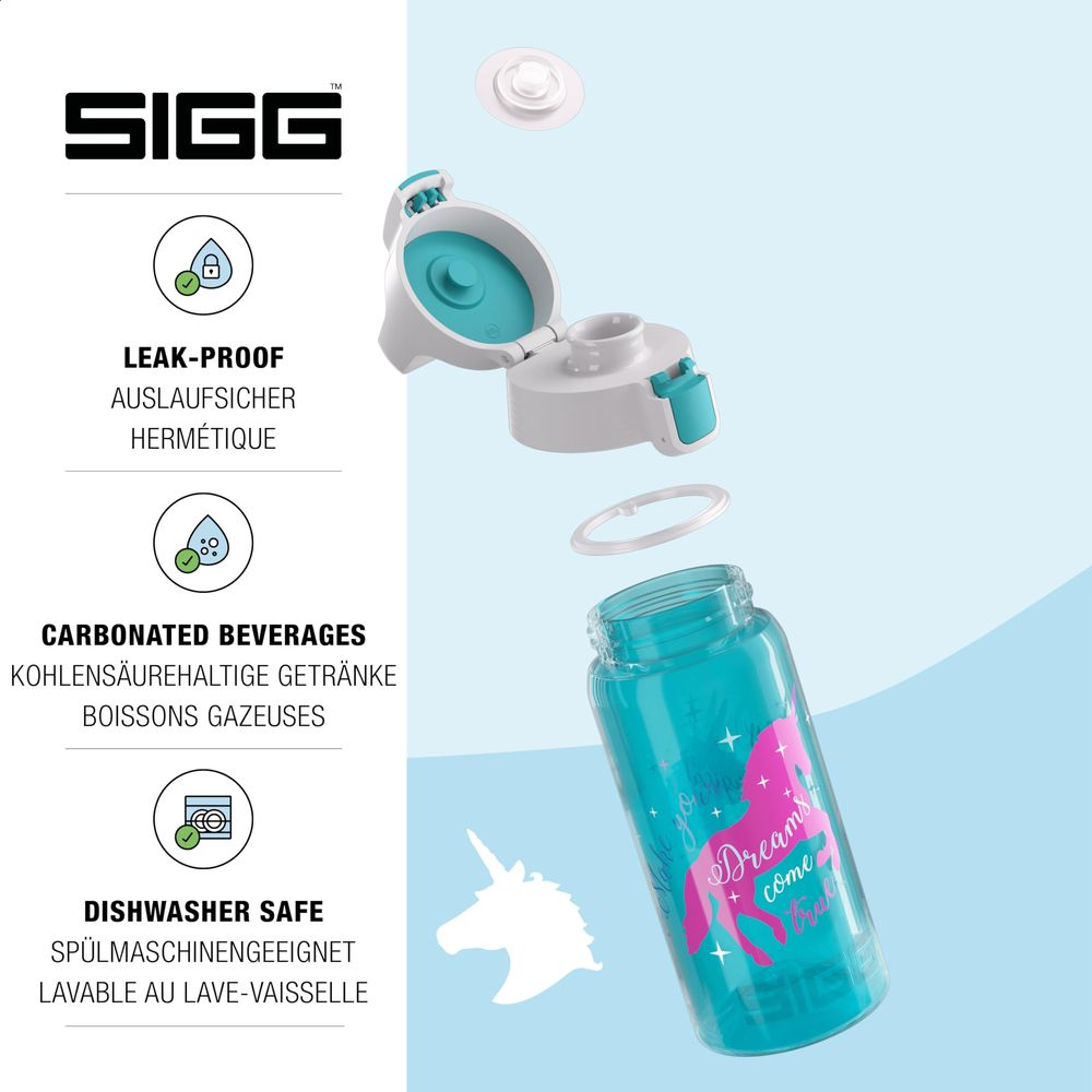 SIGG-Flasche mit Auslaufschutz, für kohlensäurehaltige Getränke, spülmaschinenfest.