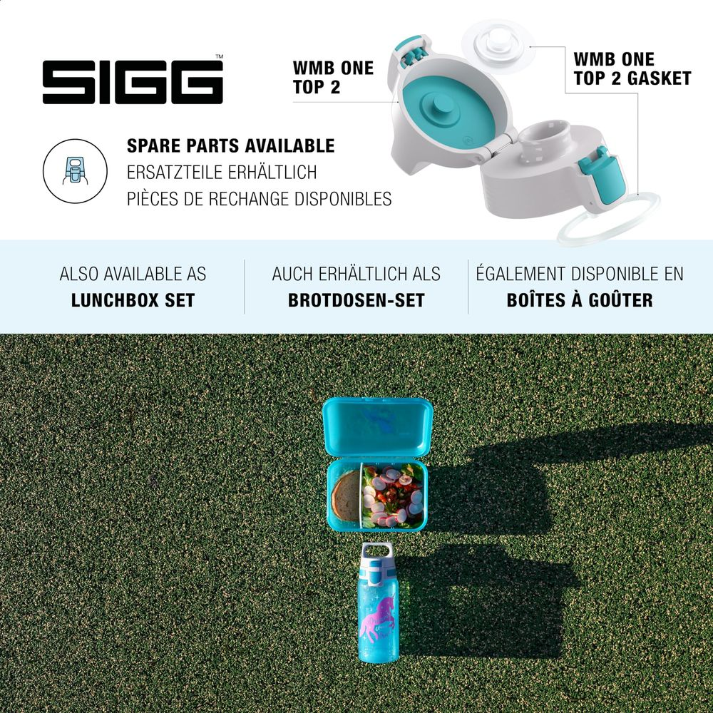 SIGG Logo, Ersatzteile, WMB ONE Top 2, Brotdosen-Set und Trinkflasche auf Gras.