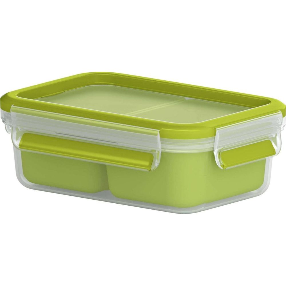 Grüner Lunchbox mit zwei Fächern und transparentem Deckel.